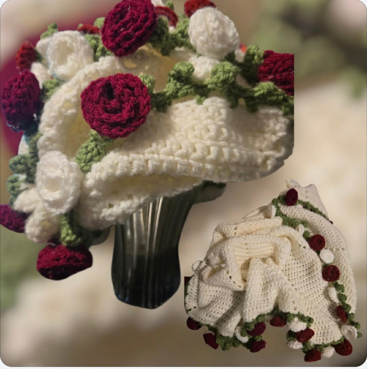 Multi-Cancer-Colored Flower Blanket and bouquet crocheted with red and white roses