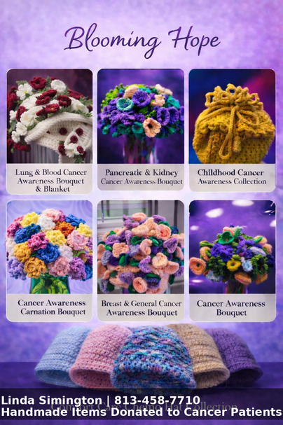 Blooming Hope flyer showing six handmade crochet cancer awareness bouquets and a chemo hat collection